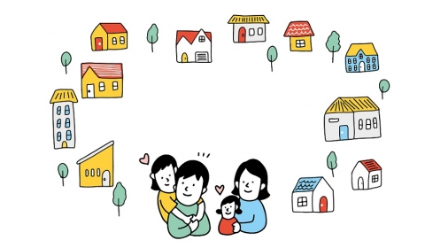 Illustration of houses and a family of four