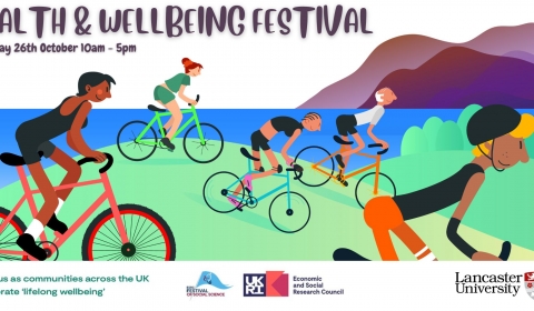 Illustrated image of people riding bikes with mountains and coastline behind them. Test reads Health and Wellbeing Fesitval at Health Innovation Campus, Thursday 26th October 10 until 5