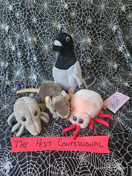 A collection of plush toys representing Pigeons, Rats & Mice, Bed bugs and Fleas.
