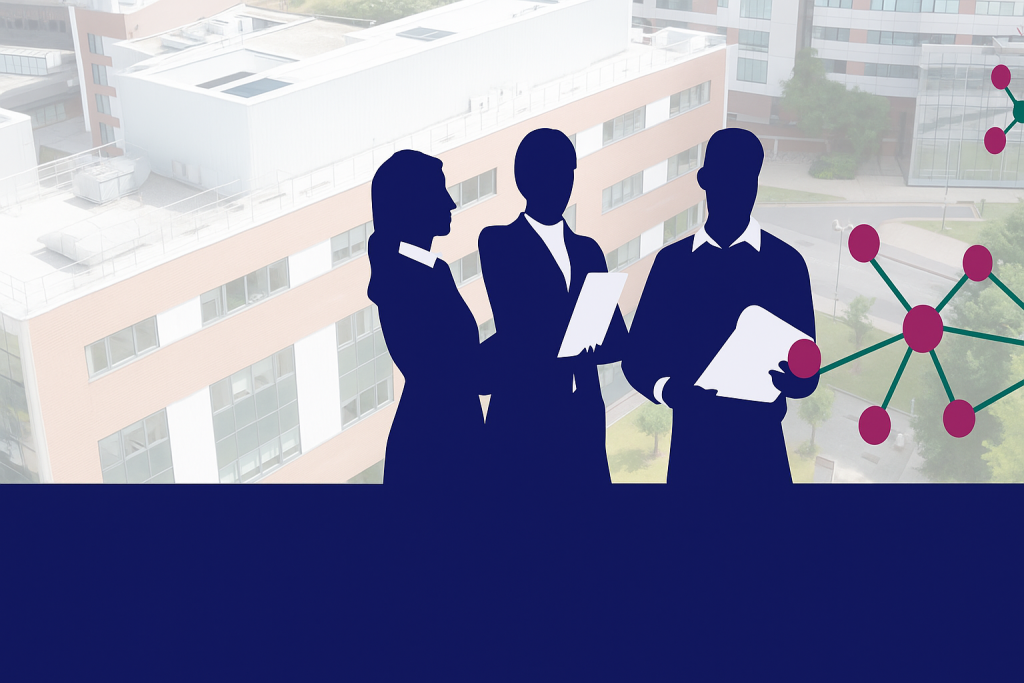 Silhouette of 3 coworkers holding paper