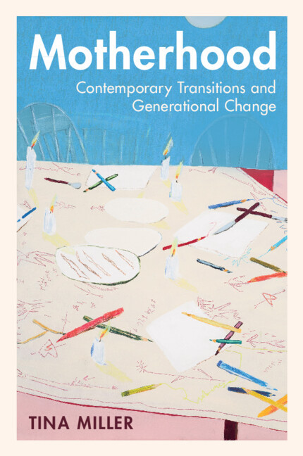 The cover image of the book 'Motherhood' by Professor Tina Miller, which shows a colourful sketch of a table top with plates and pencils on it.