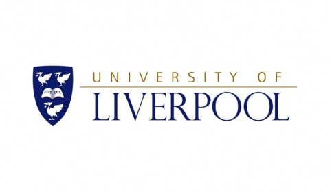 The University of Liverpool logo. A blue shield with three liverbirds around an open book. To the right, the words University of Liverpool.