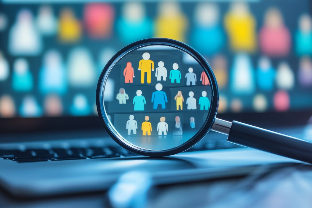 A magnifying glass searching for a range of employment candidates.