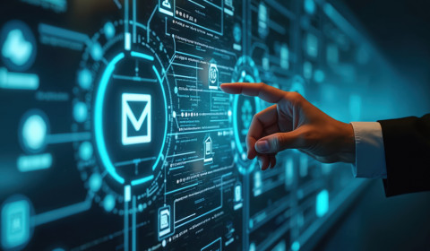 A hand interacts with a glowing digital screen filled with icons, showing the future of communication and technology.
