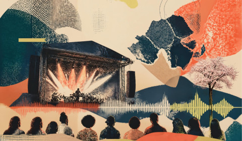 This is a bright, colourful illustrated banner showing a variety of people engaged in learning, research, creativity, and work activities across several connected scenes.
