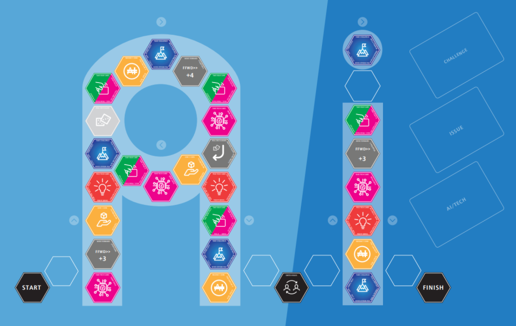 A picture of a board game, with hexagonal spaces. The board game route spells out