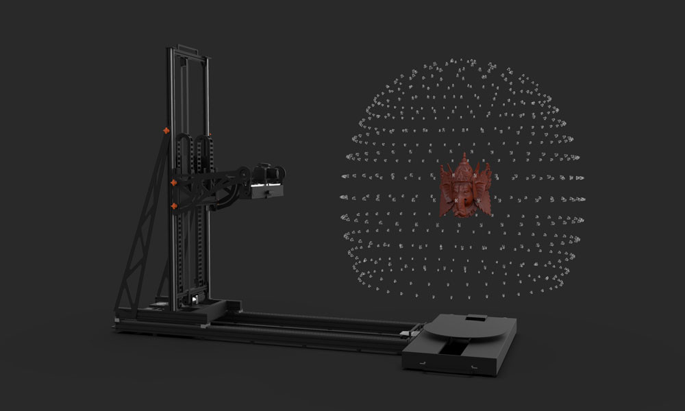 A computer-generated image of a 3D scanner scanning a red object