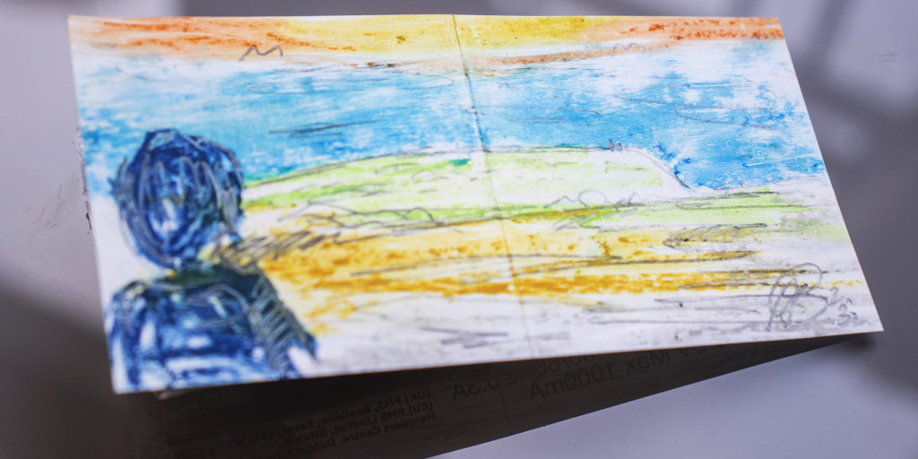 Photograph of an abstract painting of a landscape with a shadowed figure in the foreground