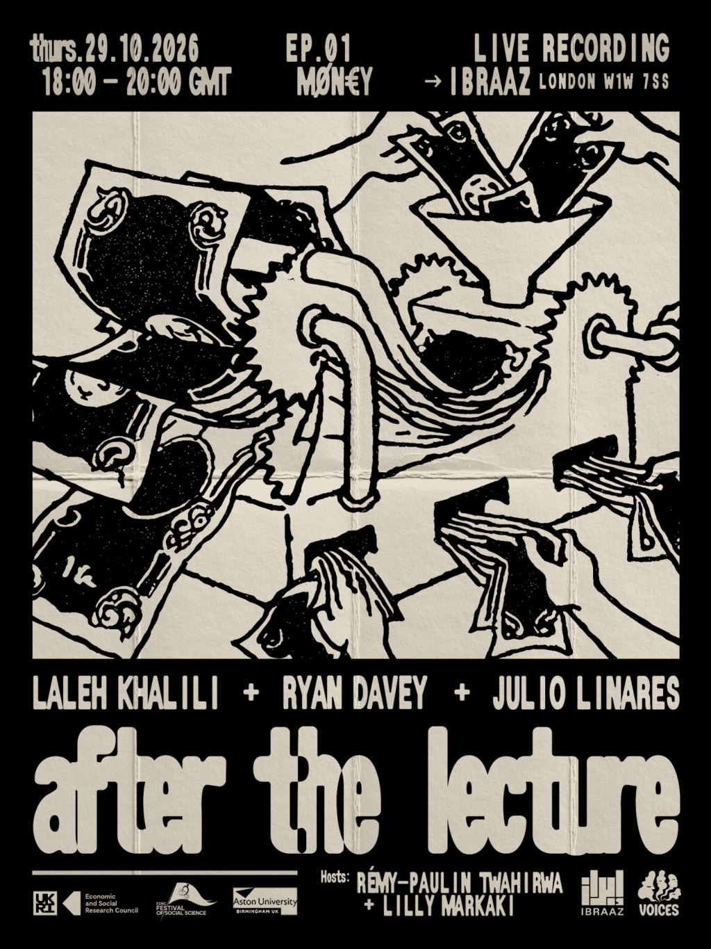 Black and white event poster showing illustrated money being exchanged around a box, with live recording details for “after the lecture”.