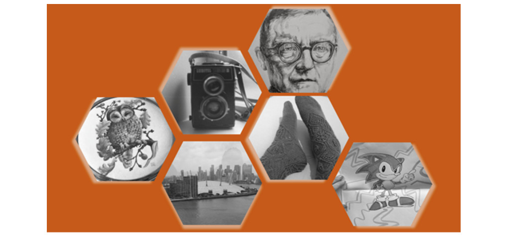 6 hexagons containing photographic images on an orange background.