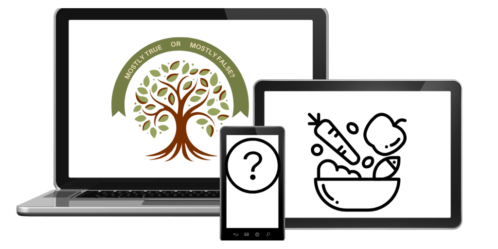 Three device screens overlapping. A laptop has a graphic of a tree with leaves and roots on a white background, above is a green banner. A tablet has a graphic of fruit and veg spilling out of a bowl. A mobile phone has a large question mark in a circle.