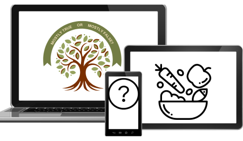 Three device screens overlapping. A laptop has a graphic of a tree with leaves and roots on a white background, above is a green banner. A tablet has a graphic of fruit and veg spilling out of a bowl. A mobile phone has a large question mark in a circle.