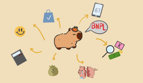 Picture of a money box  pig with arrows coming from it. Each arrow points towards money related images