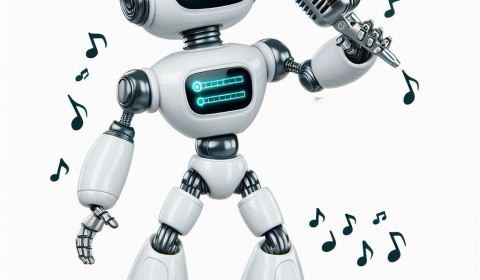 Image of a dancing robot with a microphone