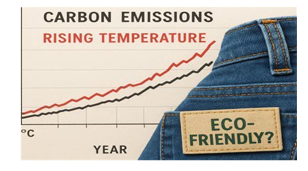 Graph of increasing temperatures and carbon emissions, with corner of Jeans with an 'eco friendly?' label