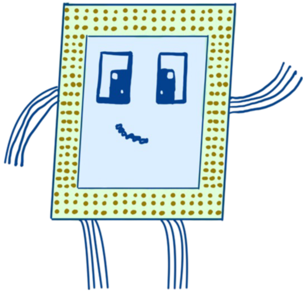 'Chip is the DH mascot. They are a blue and yellow cartoon computer chip with flat cable ribbons for arms and legs.