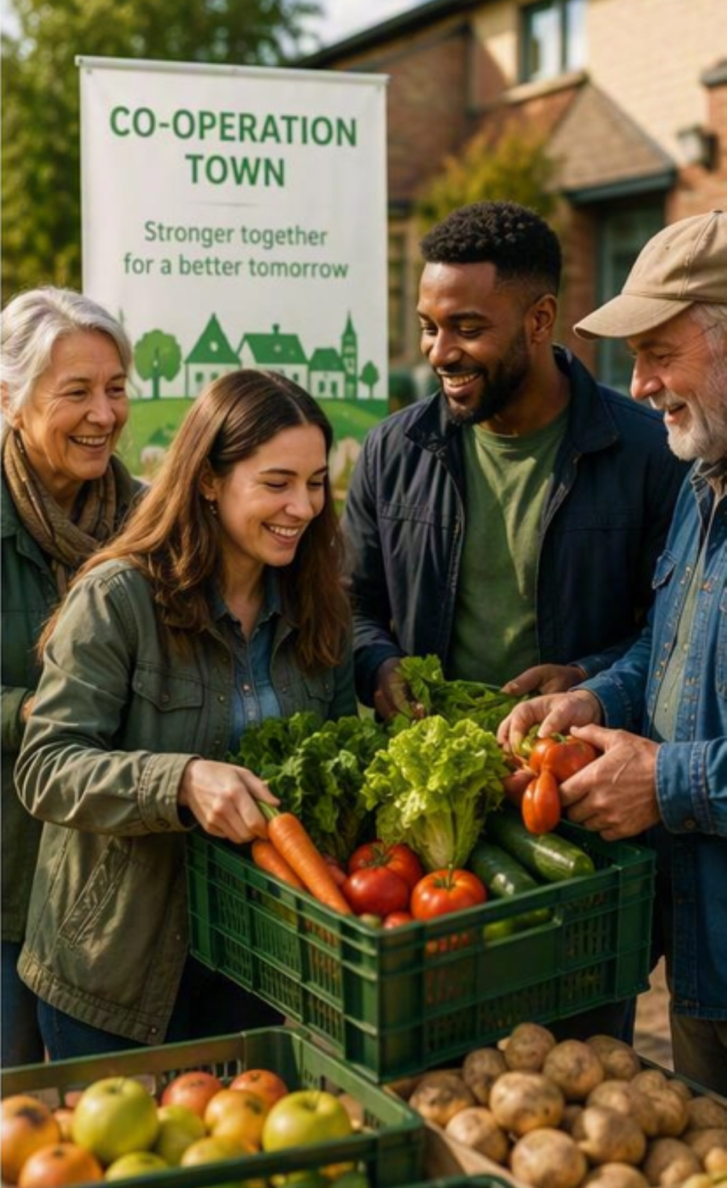 Happy people of all cultural backgrounds filling baskets with fresh fruit and vegetables
