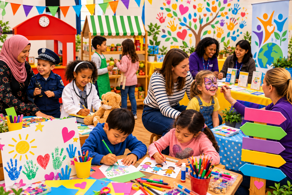 A colourful community event where children enjoy arts and crafts, face painting and imaginative role-play, including a pretend shop, police officer and doctor. Families and volunteers take part in activities in a welcoming, decorated space.