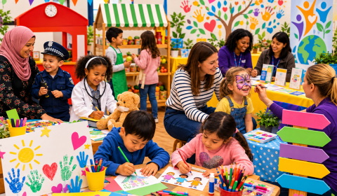 A colourful community event where children enjoy arts and crafts, face painting and imaginative role-play, including a pretend shop, police officer and doctor. Families and volunteers take part in activities in a welcoming, decorated space.