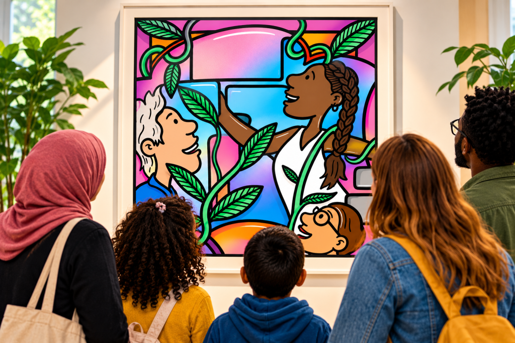 A diverse group of adults and children, seen from behind, admire a colourful framed illustration by artist Beci Ward, featuring smiling people, green climbing plants and vibrant pink, blue and orange shapes.