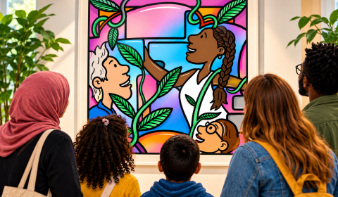 A diverse group of adults and children, seen from behind, admire a colourful framed illustration by artist Beci Ward, featuring smiling people, green climbing plants and vibrant pink, blue and orange shapes.