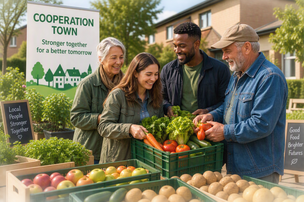 Happy people of all cultural backgrounds filling baskets with fresh fruit and vegetables