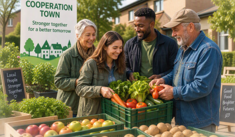 Happy people of all cultural backgrounds filling baskets with fresh fruit and vegetables