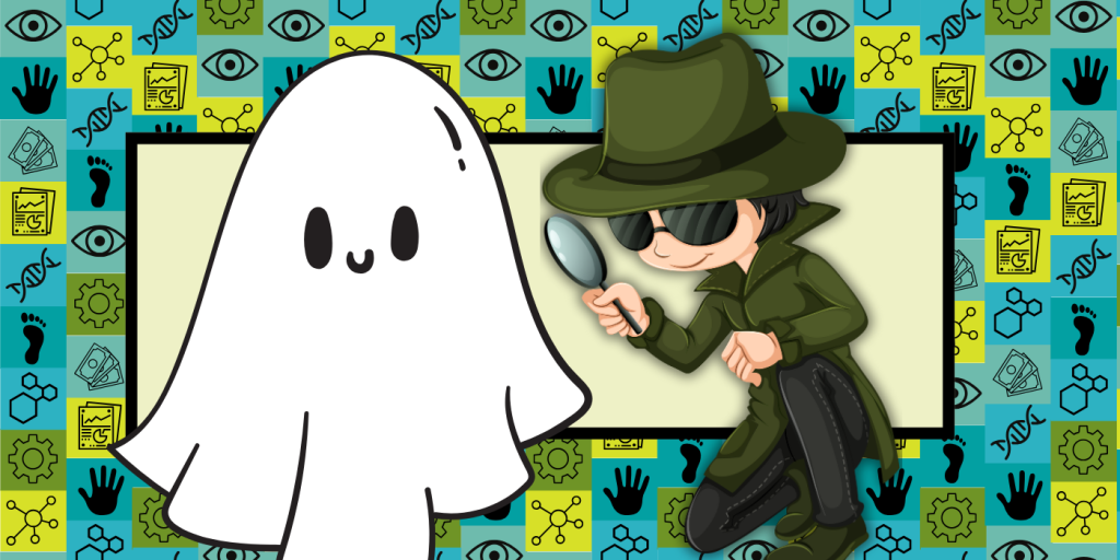 Yellow rectangle in the background and in front there is a white ghost on left hand side side and a detective in a hat with a magnifying glass on the right hand side