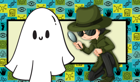 Yellow rectangle in the background and in front there is a white ghost on left hand side side and a detective in a hat with a magnifying glass on the right hand side