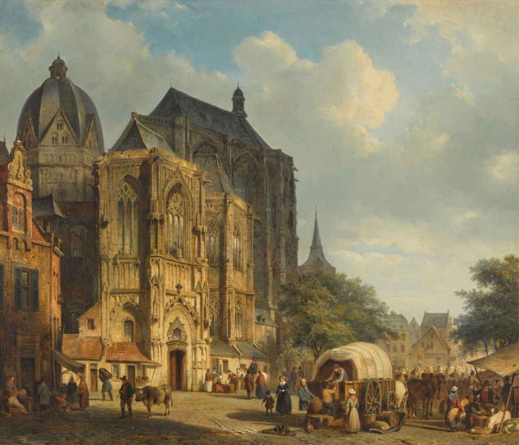Oil painting by Cornelis Springer depicting a view of the Aachen Cathedral