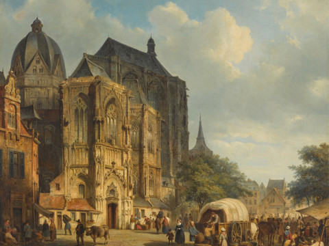 Oil painting by Cornelis Springer depicting a view of the Aachen Cathedral