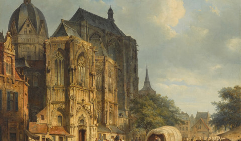 Oil painting by Cornelis Springer depicting a view of the Aachen Cathedral