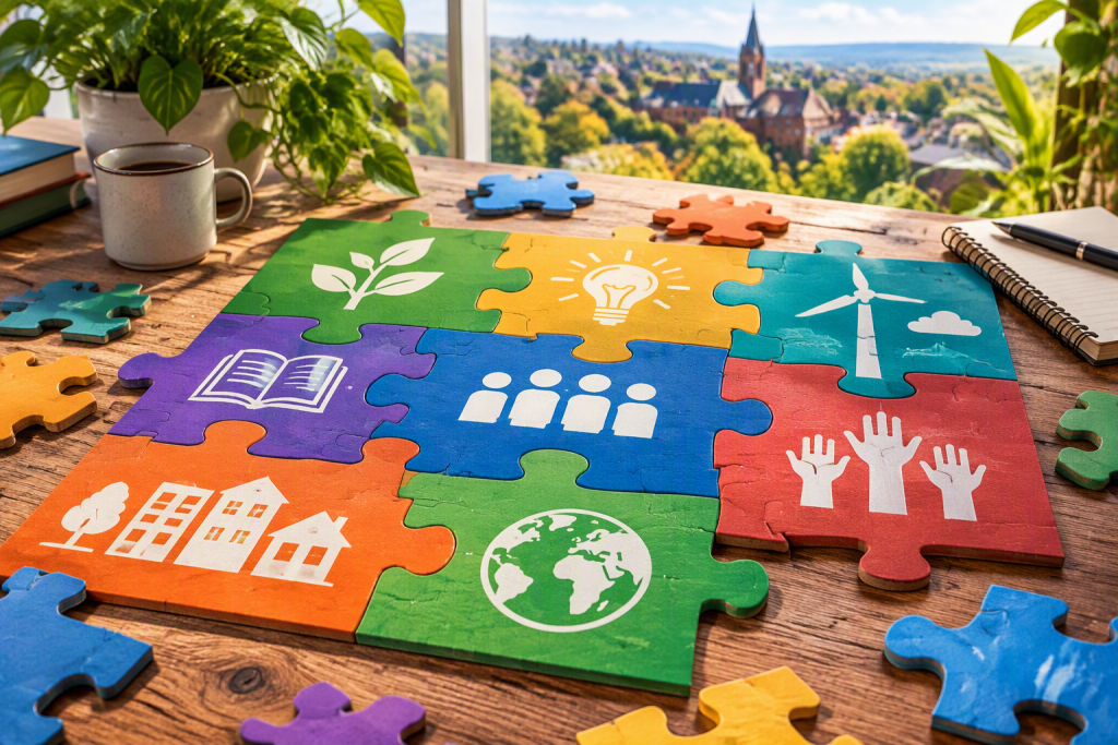 Circle of hands putting together a colourful jigsaw