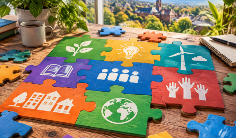 Circle of hands putting together a colourful jigsaw