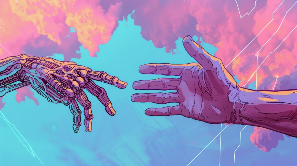 A human hand and a cyborg hand reaching towards each other, in front of a blue sky background with pink, purple and yellow clouds, with white lines across the sky to represent networks.