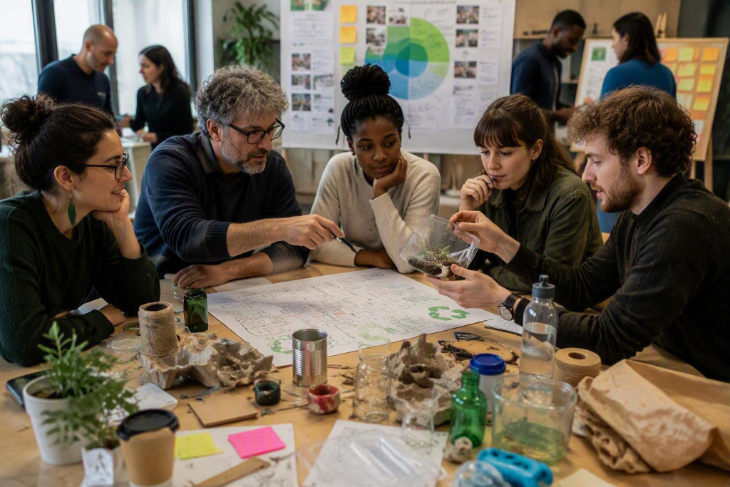 People taking part in a workshop using recycled materials and research ideas to explore creative solutions.