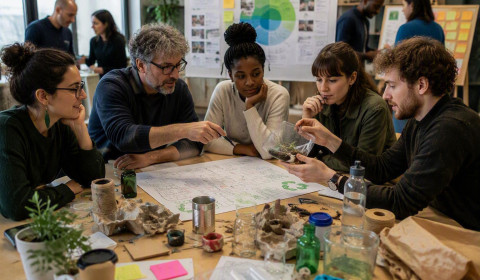 People taking part in a workshop using recycled materials and research ideas to explore creative solutions.