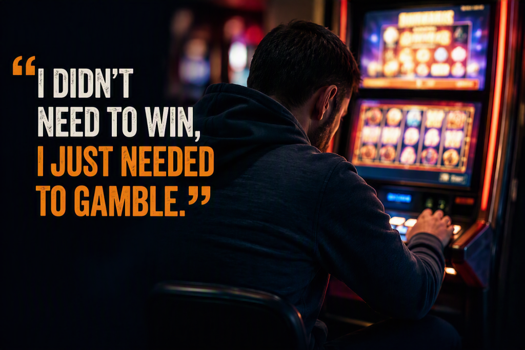 A promotional graphic for a research event on compulsive gambling and trauma. The image shows a person seated at a brightly lit slot machine in a dimly lit gambling venue, with neon colours creating a dramatic atmosphere. Large text reads, “I didn't need t