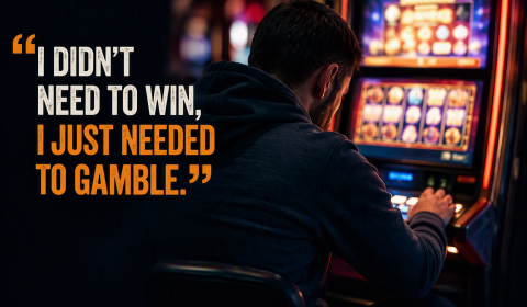 A promotional graphic for a research event on compulsive gambling and trauma. The image shows a person seated at a brightly lit slot machine in a dimly lit gambling venue, with neon colours creating a dramatic atmosphere. Large text reads, “I didn't need t