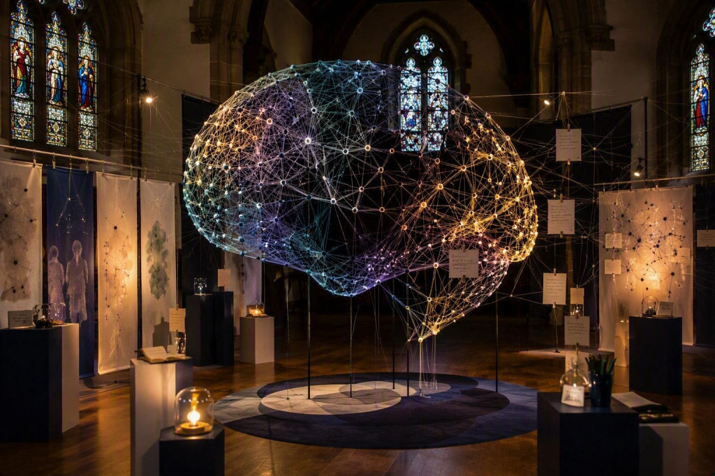 Illuminated brain-shaped thread installation displayed inside a church, surrounded by artworks and handwritten notes.