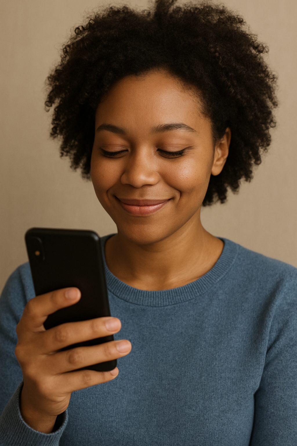 Woman smiling and looking at her mobile phone screen