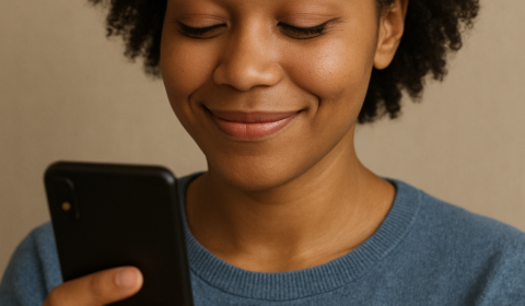 Woman smiling and looking at her mobile phone screen