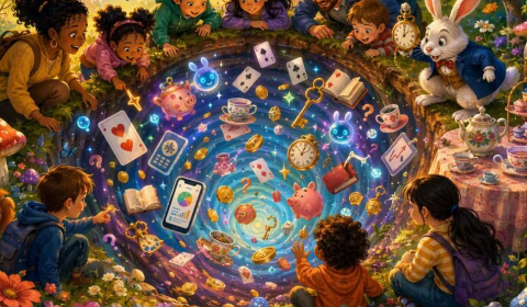 Image of people and a white rabbit looking into a magical rabbit hole filled with a swirling mix of objects