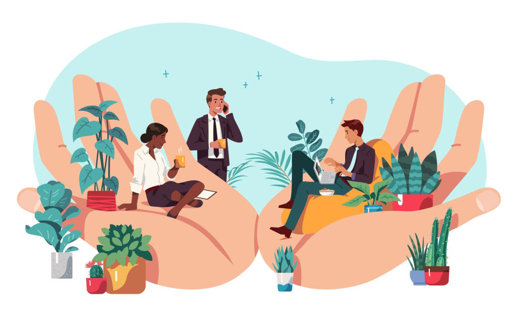 Image of two large, open hands, holding office workers and potted plants