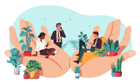 Image of two large, open hands, holding office workers and potted plants