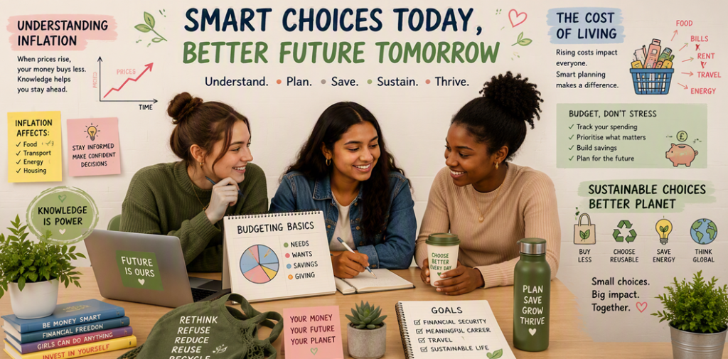 Illustrated image of three people sitting around a table discussing budgeting and future planning, surrounded by posters and graphics about inflation, the cost of living, saving money, and sustainable choices. The table includes notebooks, a budgeting char