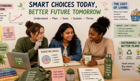 Illustrated image of three people sitting around a table discussing budgeting and future planning, surrounded by posters and graphics about inflation, the cost of living, saving money, and sustainable choices. The table includes notebooks, a budgeting char