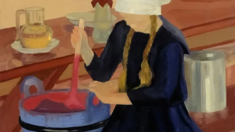 Impressionistic painting of a woman in headscarf and plaits stirring a pot