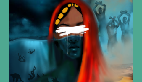 A picture of a veiled woman surrounded by sillouhettes of chained and drowning people with a shadowy background.