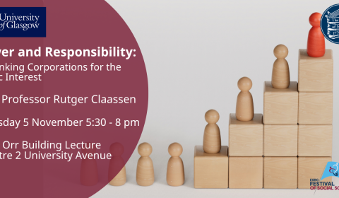 Power and Responsibility Rethinking Corporations for the Public Interest poster for 5th Novemeber. The background has multiple board game pieces on a set of block with the top piece being red instead of beige like the others